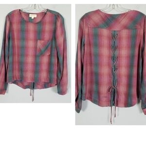 ANTHRO CLOTH & STONE Plaid Long Sleeve Tie Back Front Pocket Top Sz S